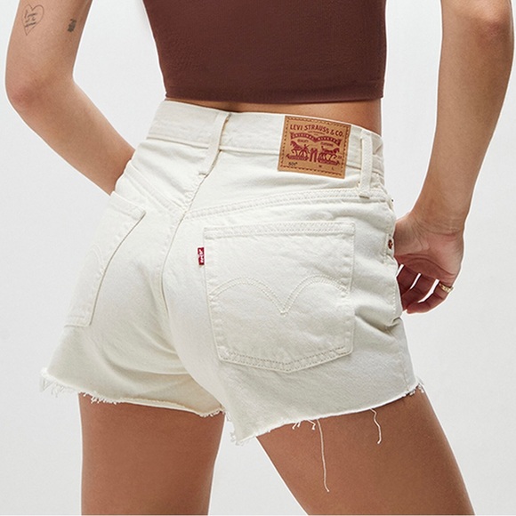 Levi 501 Denim Shorts 24” Cream Butterfly 🦋 Print High Rise Button Raw Edge - Picture 12 of 13